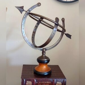 Brass Armillary Sphere Sundial 13.25" Wood Base Antiqued Finish Globe Table Top